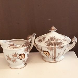 Vintage Hand Painted Porcelain Asian Bamboo Pattern Owl Sugar Bowl & Creamer